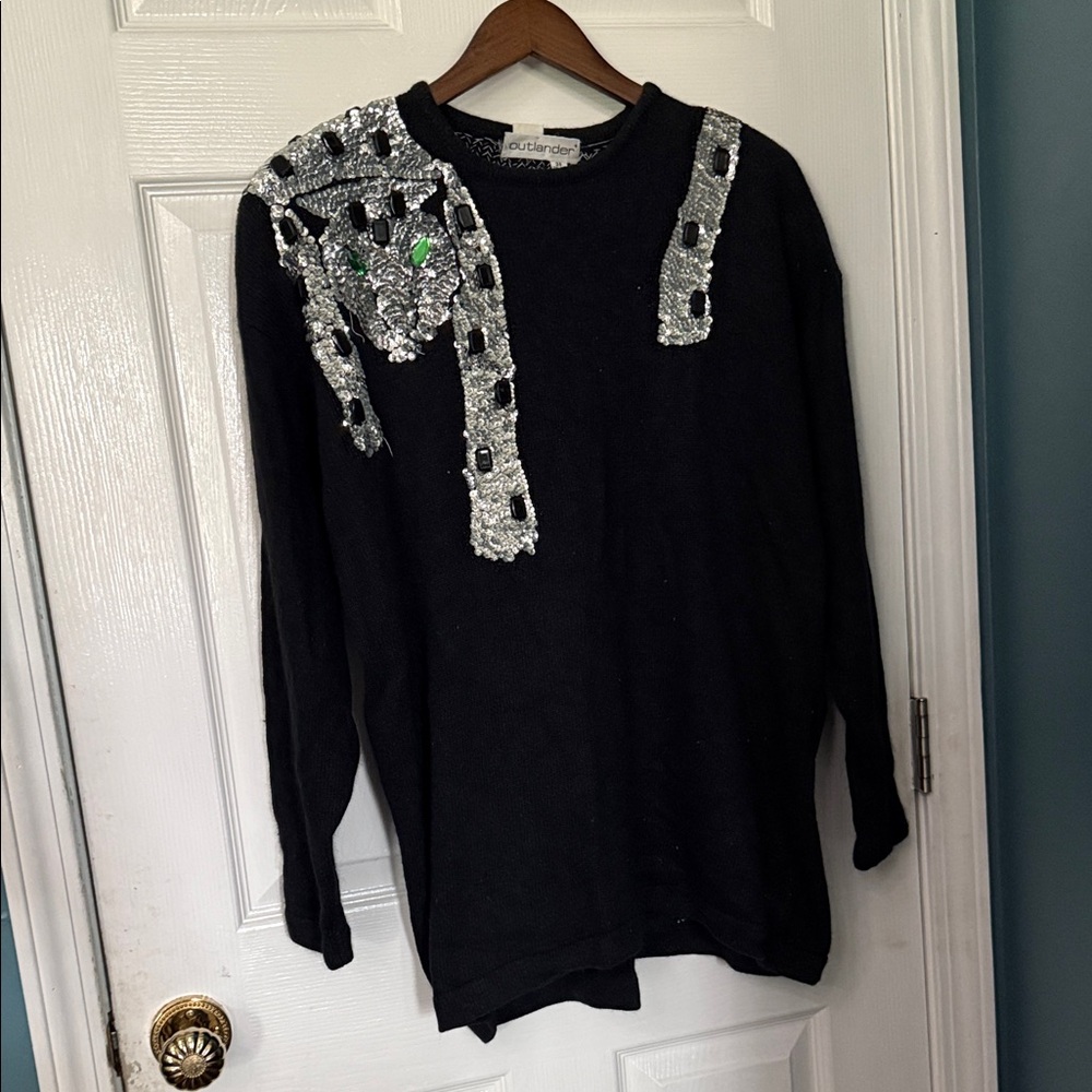 Black Vintage Sweater with Silver Sequin Tiger Design